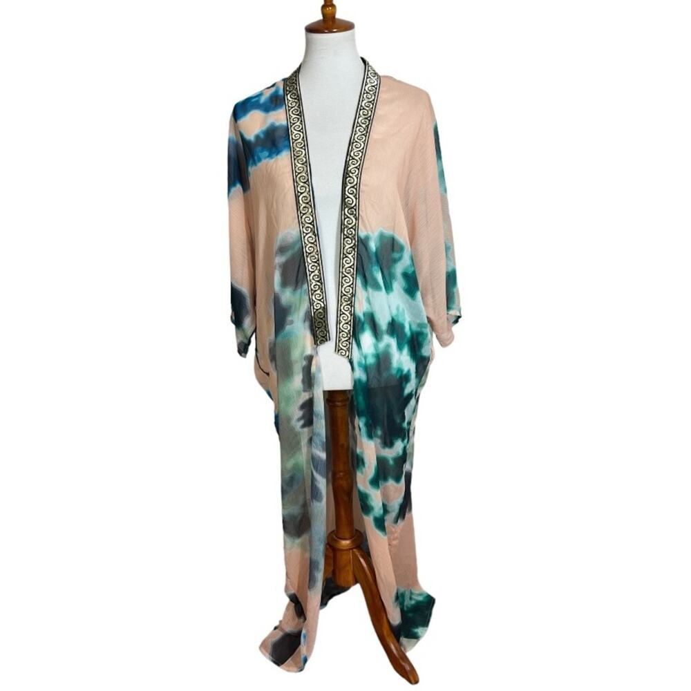 SukiSo Goddess Long Boho Flowy Tie Dye Kimono With Brocade Detail Size 0-1X